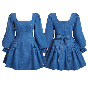 Robe mini en jean pour femme à col <span class=keywords><strong>carré</strong></span> et manches bouffantes, avec dos noué et ourlet à volants, coupe trapèze, Sehe Fashion - Product Image 3
