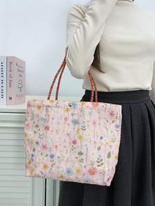 Bolsa de Almuerzo Bordada de Otoño Invierno, Estilo Minimalista, Casual, para Estudiantes, de Lona, para Llevar en la Mano - Product Image 4