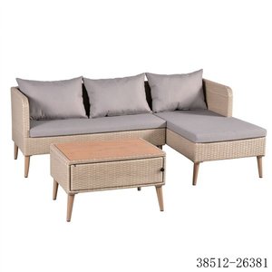 Conjunto de Muebles de Jardín de Ratán Contemporáneo, Sofá de 3 Plazas con Mesa de Centro con Espacio de Almacenamiento, Cojines Beige Gris, Modelo 38512-26381 - Product Image 1
