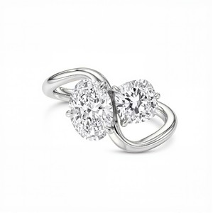 Luxury Lab Grown Diamond Two Stone Engagement <b>Ring</b> Featuring Elongated Oval Cut and Cushion Cut Diamonds in a Modern High Polish - Product Image 2