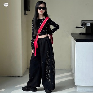 Completo da ragazza in 2 pezzi, top a maniche lunghe con strass a forma di stella a cinque punte, pantaloni a gamba larga per bambini adolescenti - Product Image 3