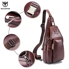 Bolso de pecho de cuero genuino BULLCAPTAIN para hombre, bandolera de un solo hombro, bolso de pecho deportivo informal y moderno con logotipo personalizado - Product Image 5
