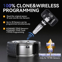Sensor TPMS programable KONNWEI TK100 315MHz 433MHz con programación por smartphone mediante la aplicación TPMS LINK para teléfonos Android e iOS