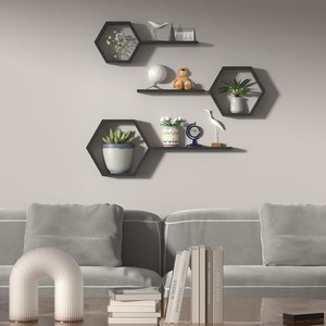Set Of 6 Hexagon <strong>Floating</strong> <strong>Shelves</strong> Wall Mounted Honeycomb Design For Kitchen Home Decor In Wood Metal Plastic Material - Product Image 6