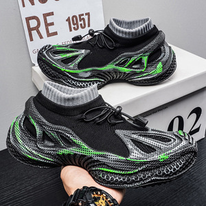 Men's <b>Black</b> Neon Green <b>Sock</b>-Slip-On Sneakers, 3D Printed Mesh Lightweight Non-Slip Sport Shoes - Product Image 1