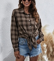 Chemise à carreaux en coton pour femmes avec logo brodé personnalisé, manches longues, boutons sur le devant, imprimé à carreaux, surchemise