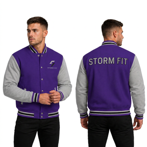 Unisex <b>Purple</b> Gray <b>Varsity</b> <b>Jacket</b> HIGH STREET Style Stand Collar Regular Fit Windproof Breathable Eco-Friendly Wool & Leather - Product Image 1