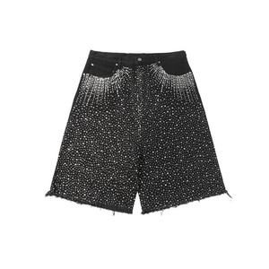 Custom <b>Men's</b> Vintage Jeans <b>Shorts</b> with Rhinestone <b>Baggy</b> Fit and Raw Edge Hem Streetwear Style by Manufacturers - Product Image 1
