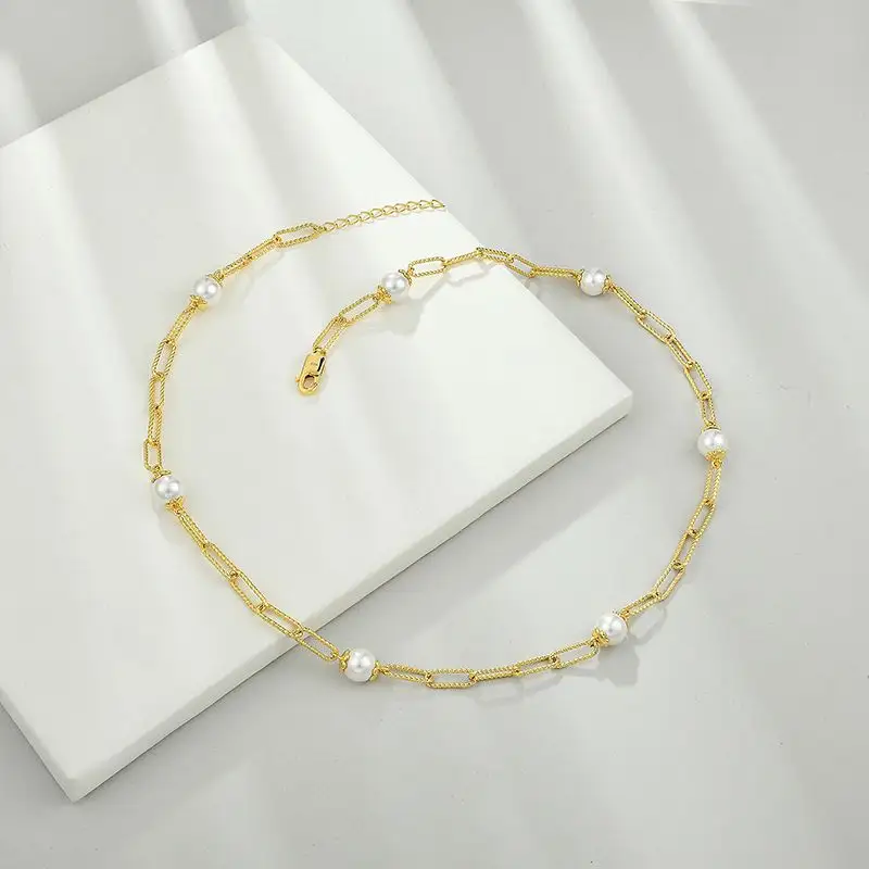 European And American Elegant Ladies 925 Silver Gold-Plated 7mm Round Straight Hole White Shell Beads Pearl Ladies Necklace