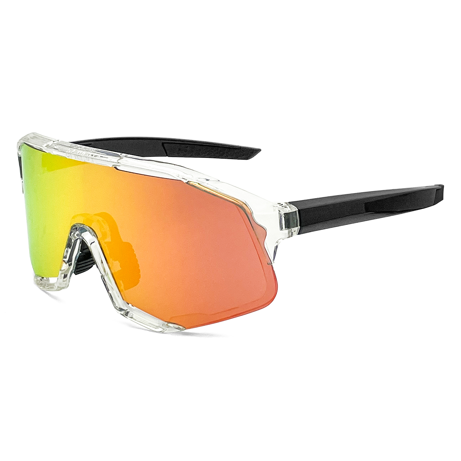 Montura transparente, lentes amarillas.