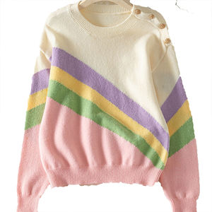 เสื้อสเวตเตอร์ถักแฟชั่นลำลองสำหรับผู้หญิง ดีไซน์หรูหรา เหมาะสำหรับวันพักผ่อน คอทรงกลม ติดกระดุมที่ไหล่ ลายทาง สีสันตัดกัน - Product Image 2