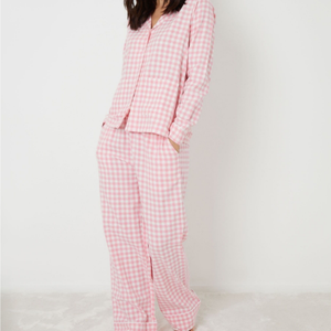 Conjunto de Pijama Rosa a Cuadros <span class=keywords><strong>para</strong></span> Mujer, Camisa de Manga Larga con Botones y Pantalones Largos, Ropa de Dormir Suave e Informal <span class=keywords><strong>para</strong></span> el Hogar - Product Image 1