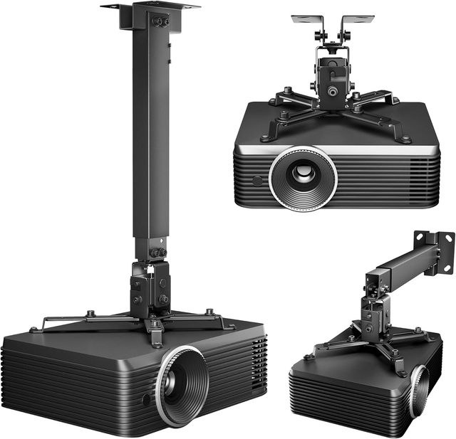 HEYU Projector Ceiling Mount 3-in-1 Bracket Extension Pole Black Universal Adjustable Wall &Ceiling Mount Home Theater Office