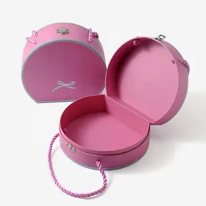 아름다운 핑크 하프 라운드 여행 가방 핸드백 로프 핸들 소녀 화장품 케이스 보관 판지 상자