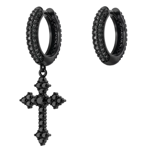 Boucles d'oreilles créoles en argent 925 plaqué rhodium noir avec pendentif croix et cristaux de strass taille brillant rond sertis clos, unisexe - Product Image 1