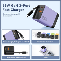 Chargeur rapide GaN 65W avec câble Type C, chargeur mural 3 ports, adaptateur pour ordinateur portable QC3.0