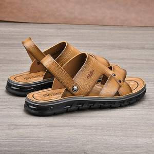 Sandales en cuir véritable à brides croisées pour hommes, bout ouvert, semelle extérieure en caoutchouc, respirantes, chaussures décontractées d'été - Product Image 2