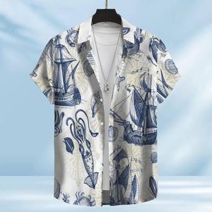 Áo Sơ Mi Nam Hawaii chủ đề hải lý tay áo ngắn mùa hè-màu xanh hải quân cổ điển tàu bạch tuộc cua thiết kế la bàn - Product Image 2