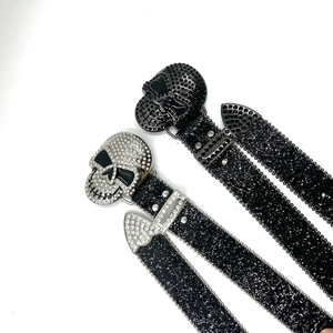 Ceinture en cuir PU scintillant de style occidental de balle avec boucle en alliage de tête de mort et ceinture en métal chic en strass - Product Image 5