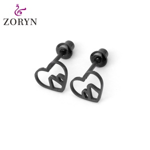 Zoryn 316L Stainless Steel Black IP Plated Screw <b>Back</b> Stud <b>Earrings</b> Hollow Heart with Mountain Hypoallergenic Tarnish Resistant - Product Image 1