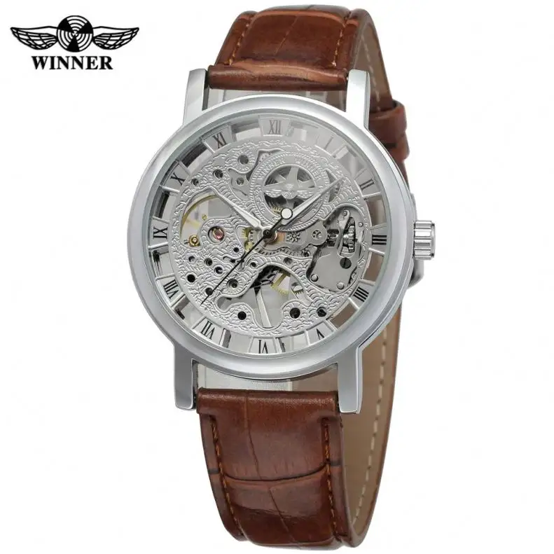 WINNER 8005 presidential Brown male mechanism watch excel PU leather band water resistant auto skeleton moq 1 wristwatch