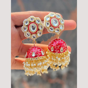 Designer <b>Gold</b> Plated Kundan Jhumki <b>Earrings</b> with Meenakari Work Ethnic Fashion Jewelry for Women - Product Image 4