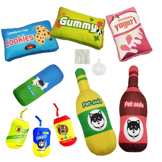 Designer Snack Drink Shaped Stuffed Dog Toys Squeaky with Crinkle Paper Inside Pet Squeak Toys for Dogs