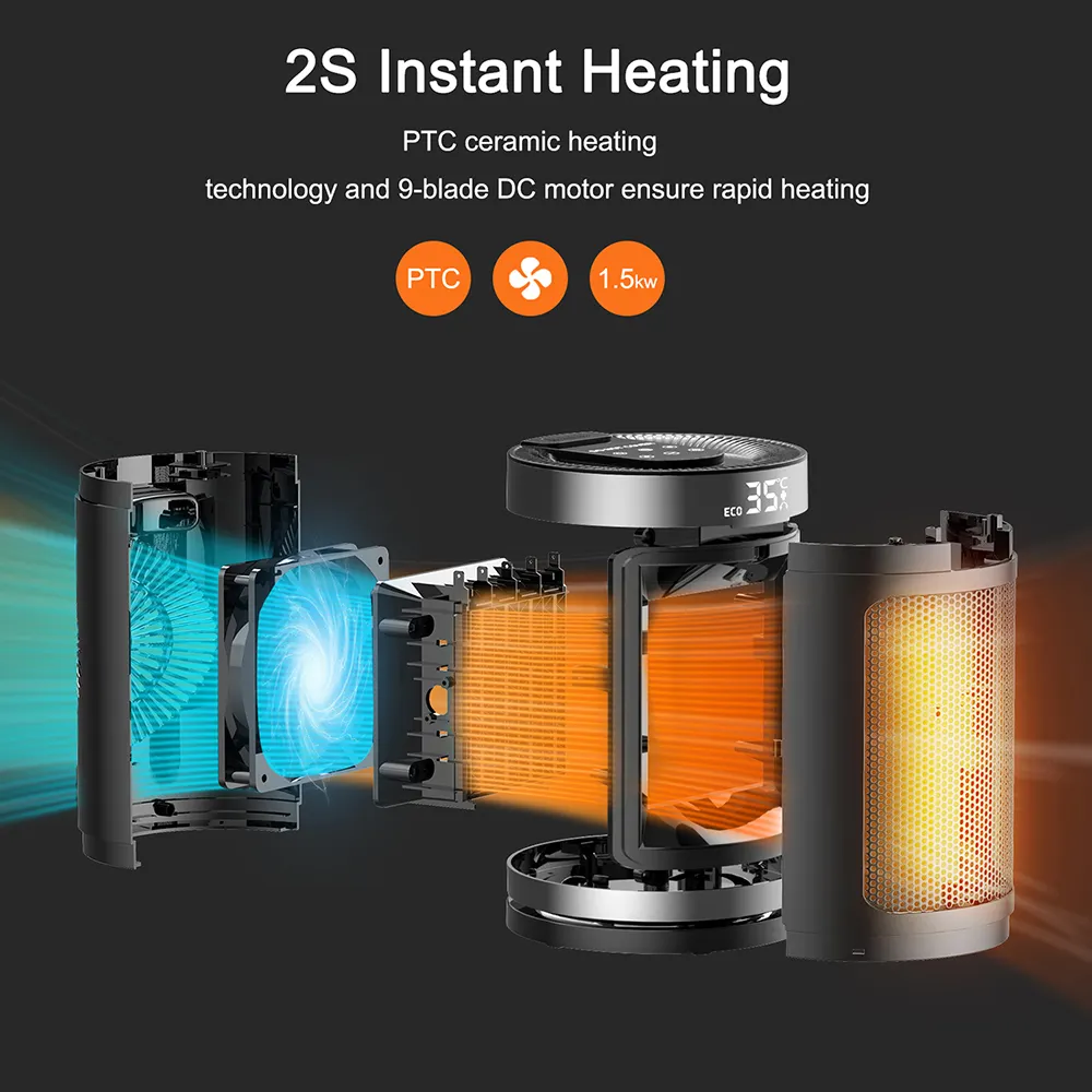 2024 New Arrival Space Heaters for Indoor Use 1-12H Timer Eco Mode Electric Heaters 1500W PTC Ceramic Fast Heaating Fan Home