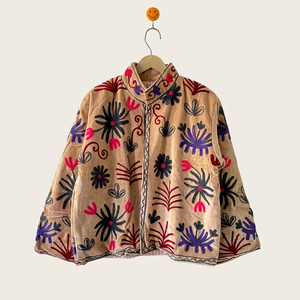 Women's Soft <b>Velvet</b> Embroidered Suzani <b>Jacket</b> with Multicolor Floral Pattern Full Sleeve Stand Collar Handmade Boho Winter Coa - Product Image 1