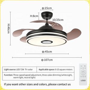 RGB Ventilador de techo con luz LED 36W DC Altavoz 3 tonalidades con memoria aspas retráctiles 6velocidades control remoto - Product Image 3