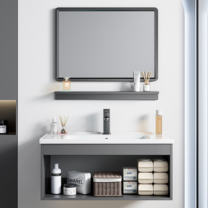 Mueble de Baño Moderno de Aluminio Espacial, Colgante de Pared, con <span class=keywords><strong>Lavabo</strong></span> de Piedra Sinterizada, Espejo Inteligente Antivaho e Impermeable, Gris, para Hotel - Product Image 4
