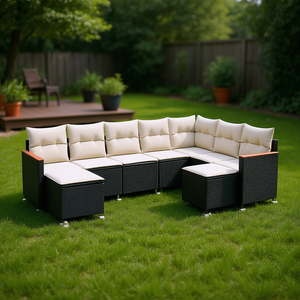 Conjunto de Sofás de Jardín Modernos de Mimbre Sintético (PE) para Exteriores con Patas Ajustables y Cojines de Espuma de Alta Densidad para Patio - Product Image 2