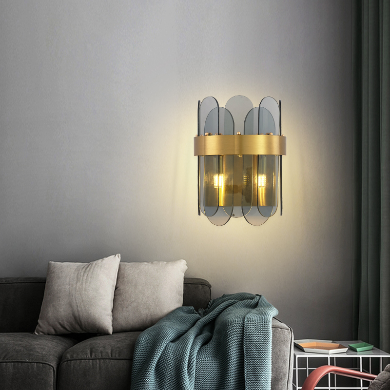 Modern smoke gray hammer glass wall lamp square wall corner hanging lamp Gold metal G9 led wall light fixture