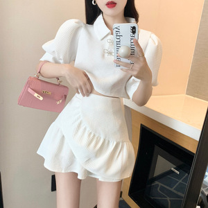 White Two Piece Set High Waist Polo Neck Ruffles A Line Skirt Casual Dress Women Daily Wear Solid Color Polyester - Product Image 4