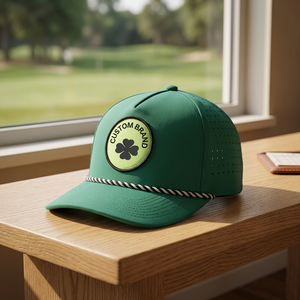 Casquette de baseball verte personnalisée à 6 panneaux avec découpe laser, logo brodé avec corde, ajustable, unisexe, en polyester imperméable - Product Image 1