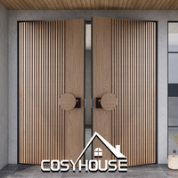 Porte d'entrée double moderne en aluminium noir avec panneaux d'accentuation en grain de bois, porte extérieure minimaliste de luxe