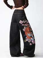 Jean baggy vintage pour femme, coupe large, noir délavé à l'acide, avec broderie 3D et motif de créateur en denim