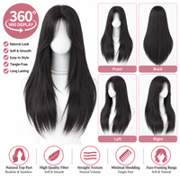 Perruque synthétique longue et droite noire naturelle avec frange encadrante pour femme, en fibre douce, aspect naturel, fournisseur en gros d'usine