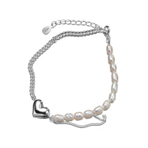 Bracelet en argent sterling 925 avec perle naturelle, pendentif cœur, design élégant à double chaîne, pour femme, cadeau de fête, bijoux délicats - Product Image 1