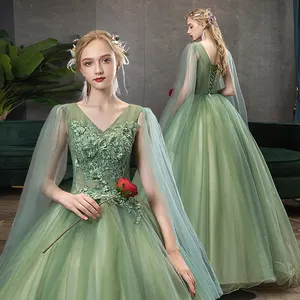 녹색 무도회 드레스 꽤 스팽글 아플리케 V-넥 스파게티 스트랩 얇은 명주 그물 파티 가운 Vestidos Elegantes