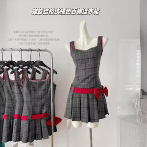 Abito Estivo Stile College con Fiocco, Gonna a Pieghe a Quadri, Vestito a Bretelle Dolce e Piccante - Product Image 2