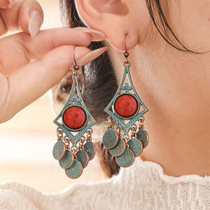 Boucles d'oreilles pendantes tendance en alliage plaqué bronze antique avec pierre turquoise, style bohème, bijoux de fête pour femmes - Product Image 2