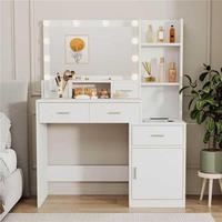 Miroir blanc professionnel moderne avec 3 modes d'éclairage, ensemble coiffeuse et chaise pour chambre à coucher