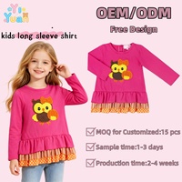 Chemisier rose décontracté pour filles, à manches longues, avec appliques mignonnes hibou et citrouille, ourlet à volants, pour Thanksgiving et Halloween