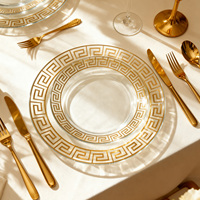Assiettes de présentation rondes vintage de haute qualité en verre transparent avec décor doré et argenté pour hôtels et mariages (vente en gros)