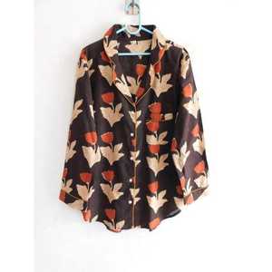 Summer Pajama Set Floral Printed 100% Cotton Long Sleeve Woven Shirt with <b>Pants</b> Comfortable Soft Breathable Nightwear - Product Image 3