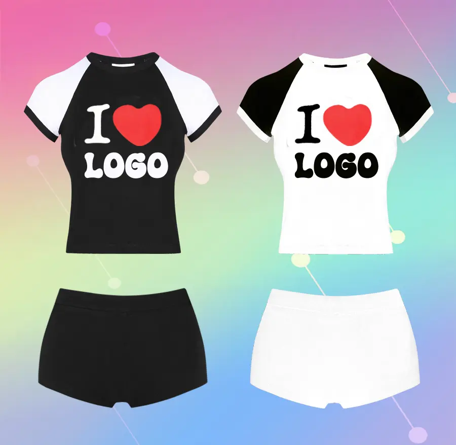 Camiseta básica de algodón cómoda para bebé con logotipo personalizado, Tops cortos ajustados para mujer, de manga corta Camisetas raglán y pantalones cortos, conjuntos de 2 piezas para mujer