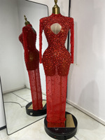 Robe de soirée sexy pour femme, anti-statique, ornée de perles et de diamants scintillants, en maille transparente, coupe trapèze, idéale pour anniversaire, soirée, boîte de nuit, bar ou scène