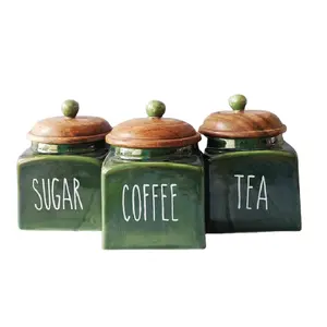 500毫升绿色方形实心陶瓷茶咖啡糖罐陶瓷饼干罐带竹盖