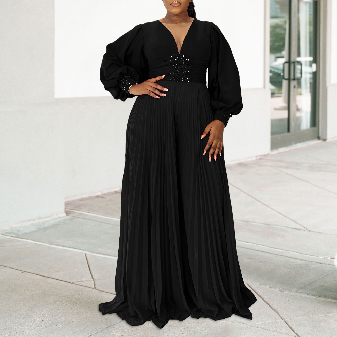 Elegant African Fashion 2024 Chiffon Long Sleeve Maxi Dress With Belt -  Stylish Casual Attire for Women